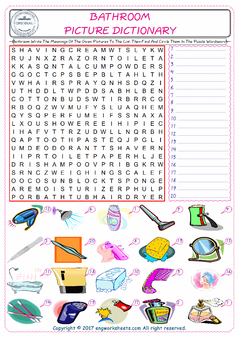  For kids, check the picture of Bathroom find, and write the word and find it in the word puzzle ESL printable worksheet. 